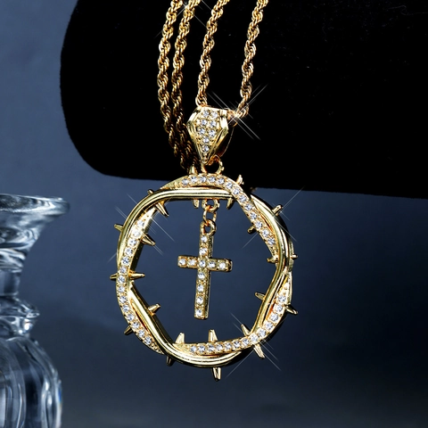 Hip Hop Retro Verflochtene Dornen Krone Kreuz Anhänger Halskette Gold Silber Legierung Strass Eingelegt Schmuck Geschenk