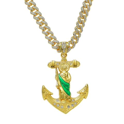 Hip Hop Iced Out Saint Jude Anchor Pendant Necklace Alloy Rhinestone Cuban Chain Religious Portrait Jewelry For Men Women