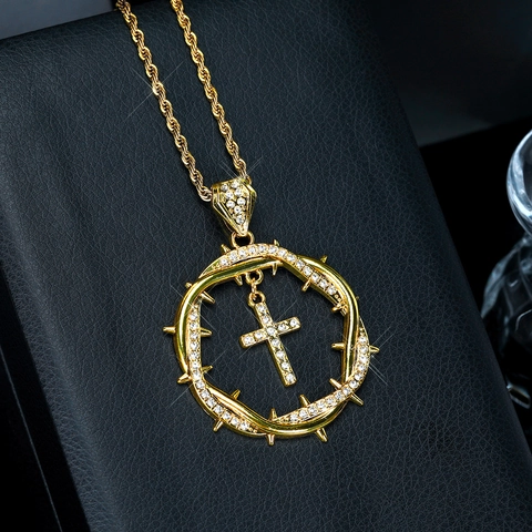 Hip Hop Retro Verflochtene Dornen Krone Kreuz Anhänger Halskette Gold Silber Legierung Strass Eingelegt Schmuck Geschenk