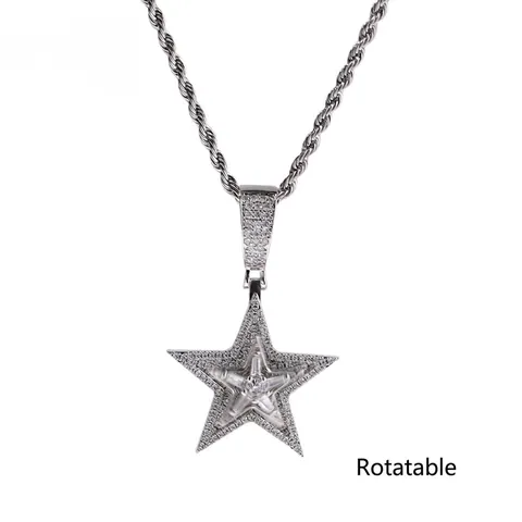 Hip Hop Draaibare Ster Hanger Halsketting Koper Strass Ingelegd Sieraden Voor Mannen Vrouwen Iced Out Touwketting Ketting