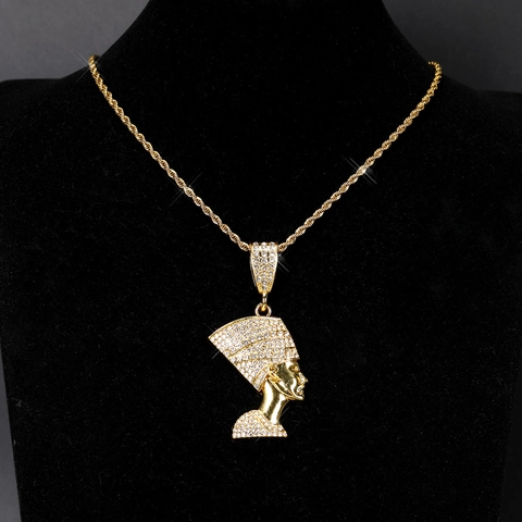 Collana Hip Hop con Ciondolo Nefertiti in Lega con Intarsio Completo di Strass Gioielli Egiziani con Catena a Grano per Festa Unisex