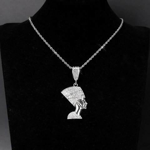 Collana Hip Hop con Ciondolo Nefertiti in Lega con Intarsio Completo di Strass Gioielli Egiziani con Catena a Grano per Festa Unisex