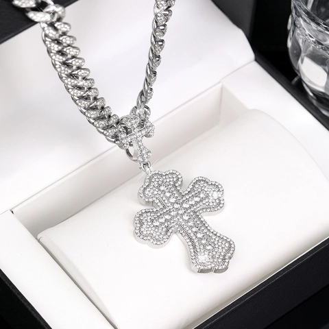 Hip Hop Iced Out Kreuz Anhänger Halskette Legierung Strass Cuban Link Kette Für Damen Herren Mode Schmuck Party Zubehör