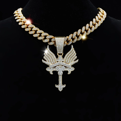 Collana con Pendente a Croce e Ali Hip Hop Iced Out Lega Strass Catena a Maglia Cubana Gioielli di Moda per Uomo Donna