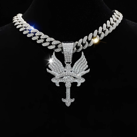 Collana con Pendente a Croce e Ali Hip Hop Iced Out Lega Strass Catena a Maglia Cubana Gioielli di Moda per Uomo Donna