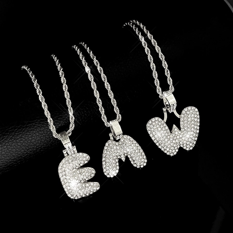 Hip Hop Strass Buchstabe Anhänger Halskette Zinklegierung Kordelkette Silber Farbe Bubble Initial Kette Für Damen Herren