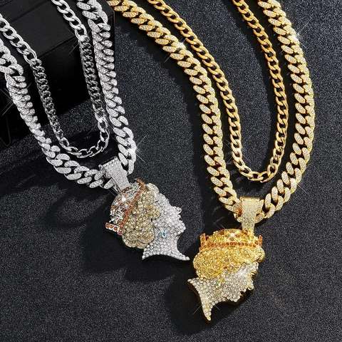 Collana con Ciondolo Testa di Regina Iced Out Hip Hop Lega Strass Catena a Maglia Cubana Per Gioielli di Moda Street Unisex