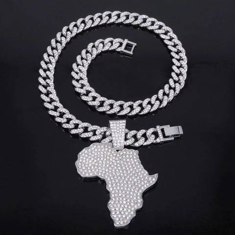 Collier Pendentif Carte de l'Afrique Hip Hop en Alliage Glacé Strass Chaîne Cubaine Or Argent Plated Bijoux pour Hommes Femmes