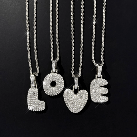 Hip Hop Strass Buchstabe Anhänger Halskette Zinklegierung Kordelkette Silber Farbe Bubble Initial Kette Für Damen Herren