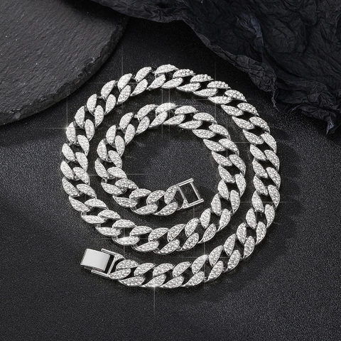 Hip Hop Iced Out Cuban Link Chain Necklace Alloy Rhinestone Jewelry For Men Women Fashion Gift Silver Gold Color