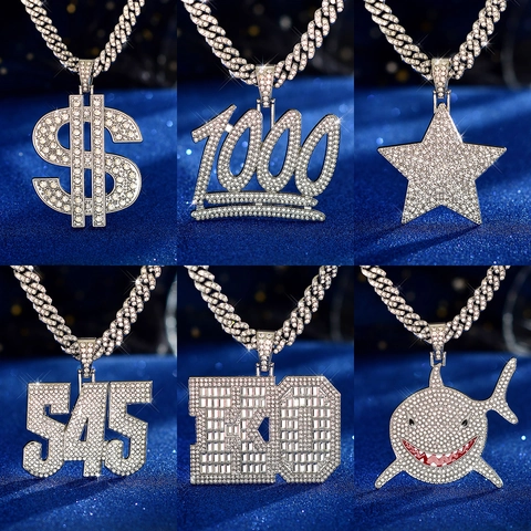 Iced Out Hip Hop Anhänger Halskette Für Herren Damen Vergoldet Versilbert Legierung Strass Panzerkette Dollar Stern Nummer Hai Schmuck