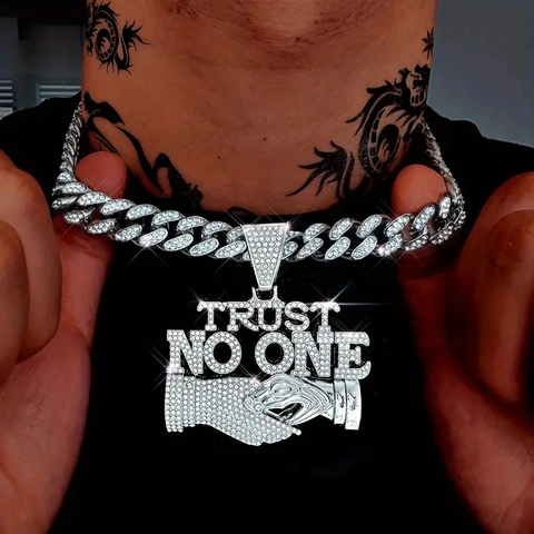 Hip Hop Trust No One Letter Handshake Pendant Necklace For Men Women Iced Out Alloy Rhinestone Cuban Link Chain Jewelry