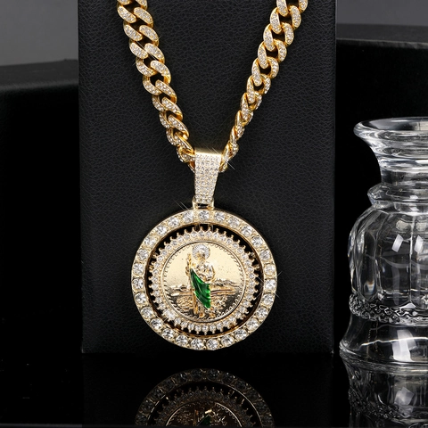 Gold Plated Zinc Alloy Cuban Link Chain Saint Jude Religious Pendant Necklace With Green Enamel Rhinestone Hip Hop Jewelry Gift