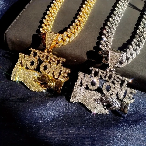 Hip Hop Trust No One Letter Handshake Pendant Necklace For Men Women Iced Out Alloy Rhinestone Cuban Link Chain Jewelry