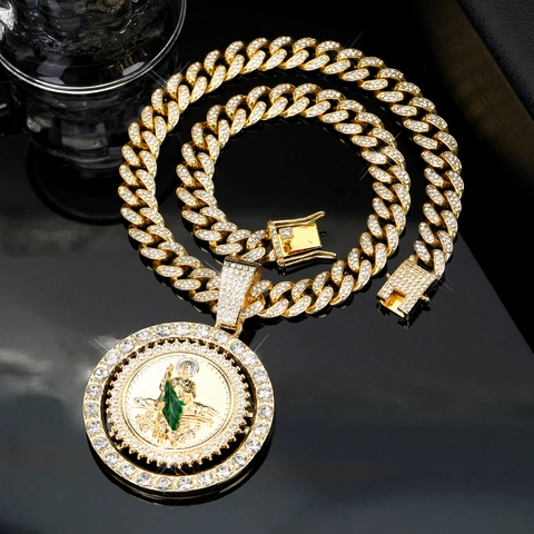 Gold Plated Zinc Alloy Cuban Link Chain Saint Jude Religious Pendant Necklace With Green Enamel Rhinestone Hip Hop Jewelry Gift