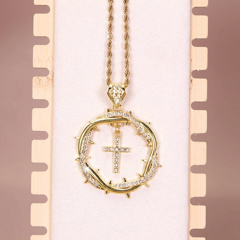 Collier Pendentif Croix en Alliage Strass Hip Hop Couronne d'Épines Ronde Plaqué Or Argent Bijoux de Mode Religieuse Homme Femme
