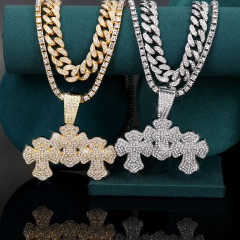 Collier Pendentif Triple Croix en Alliage Hip Hop Avec Strass et Mailles Cubaines Bijoux Punk pour Hommes Femmes Or Argent