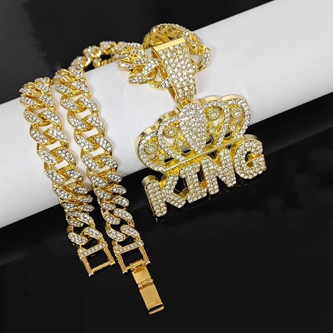 Iced Out King Kroon Letter Hanger Halsketting Hip Hop Legering Strass Cubaanse Schakelketting Halsketting Voor Heren Dames Sieraden