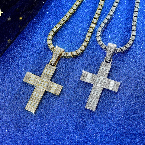 Collar con Colgante de Cruz de Aleación Hip Hop para Hombres Mujeres Iced Out Baguette Diamante de Imitación Cadena de Tenis Joyería