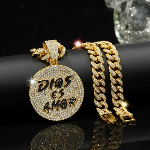 Hip Hop Dios Es Amor Runder Anhänger Halskette Für Herren Damen Legierung Strass Iced Out Panzerkette Gold Silber Emaille Schmuck