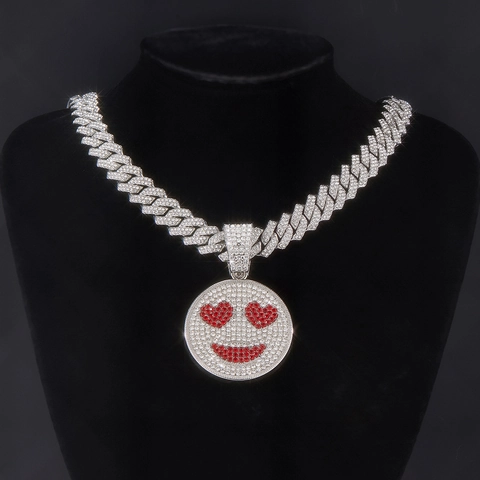 Collana Hip Hop Iced Out con Ciondolo a Faccina Sorridente e Occhi a Cuore Lega di Zinco Strass Catena Cubana Gioielli per Uomo Donna