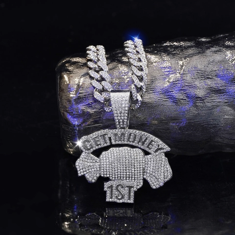 Iced Out Get Money 1st Pendente con Lettere Collana Hip Hop Lega Strass Catena Cubana per Uomo Donna Oro Argento Gioielli