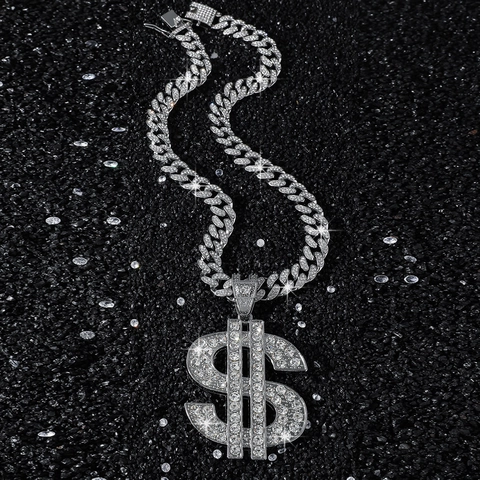 Collier Pendentif Signe Dollar Hip Hop Avec Chaîne Maille Gourmette Alliage Strass Exagéré Femme Homme Bijoux