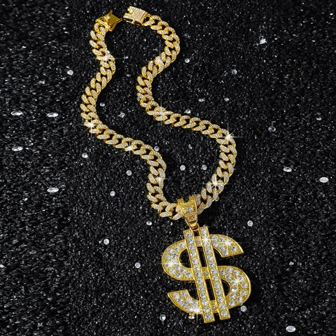 Hip Hop Dollarzeichen Anhänger Halskette Für Herren Iced Out Panzerkette Gold Silber Legierung Strass Bling Streetwear Schmuck