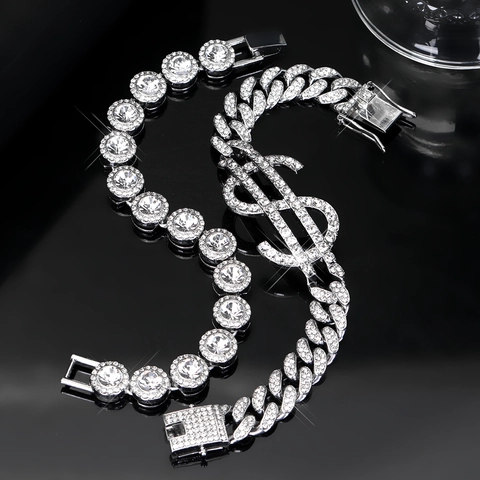 Bracelet à Maille Cubaine Signe Dollar Hip Hop Et Chaîne Tennis en Alliage de Zinc Strass Bijoux Punk Unisexe