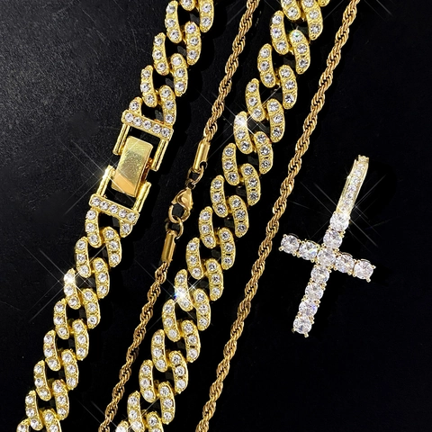 Colliers Superposés Avec Pendentif Croix Hip Hop Iced Out Pour Hommes Femmes Alliage de Zinc Strass Chaîne Cubaine Bijoux