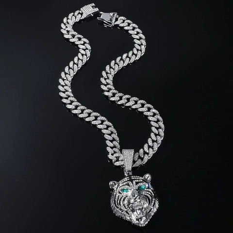 Hip Hop Tiger Head Pendant Necklace For Men Women Iced Out Alloy Rhinestone Cuban Chain Bold Animal Jewelry