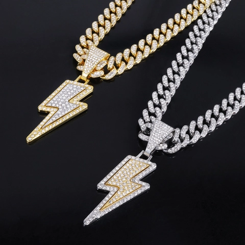 Hip Hop Lightning Bolt Pendant Necklace Alloy Rhinestone Iced Out Cuban Link Chain For Men Women Streetwear Jewelry