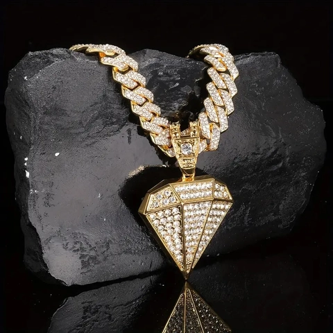 Collana con Ciondolo a Forma di Diamante in Strass Iced Out Hip Hop Catena Cuban Link in Lega per Uomo Donna Gioielli Personalizzati