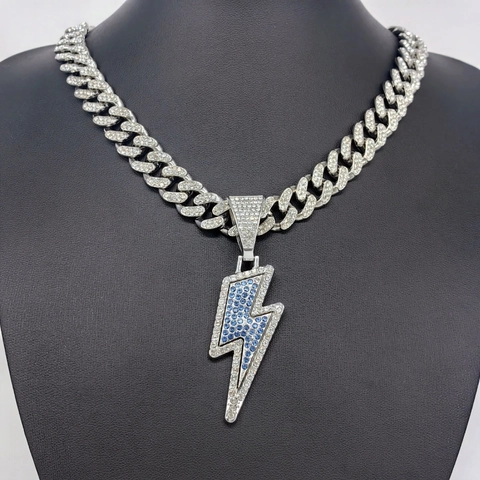 Hip Hop Lightning Bolt Pendant Necklace Alloy Rhinestone Iced Out Cuban Link Chain For Men Women Streetwear Jewelry