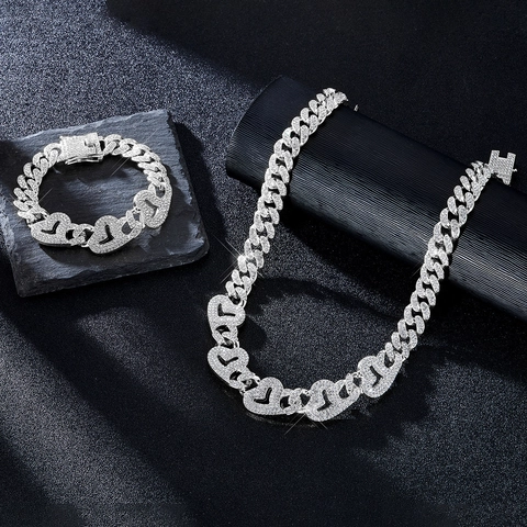 Hip Hop Herz Panzerkette Halskette Armband Set Vollstrass Legierung Schmuck Für Damen Herren Gold Silber