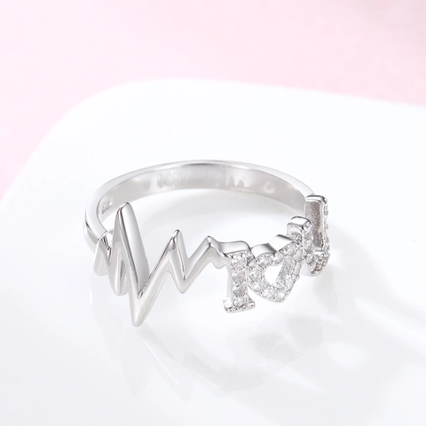 Anello Battito Cardiaco in Argento Sterling 925 Design MOM I Love You ECG Strass Intarsiato Gioielli Galvanici Regalo Donna