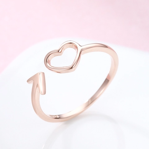 Anillo Abierto de Plata de Ley 925 Simple con Corazón Hueco y Flecha para Mujer Anillo Ajustable Flecha de Cupido Joyería Regalo