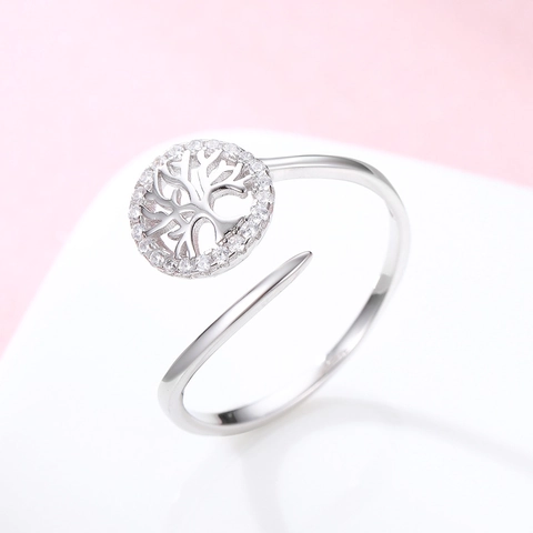 925 Sterling Silver Tree Of Life Open Ring Rhinestone Adjustable Hollow Leaf Design Finger Ring Fashion Jewelry For Women