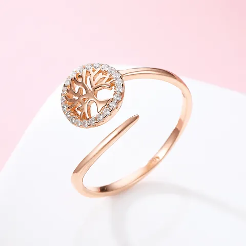 925 Sterling Silver Tree Of Life Open Ring Rhinestone Adjustable Hollow Leaf Design Finger Ring Fashion Jewelry For Women