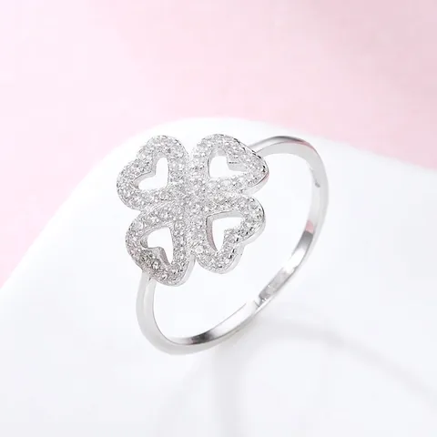 Anello Quadrifoglio a Cuore in Argento Sterling 925 per Donna Elegante Anello con Strass Intarsiato Gioielli Raffinati Regalo