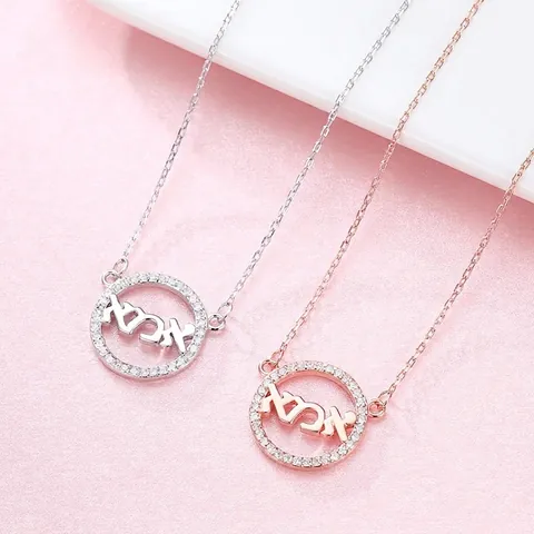 S925 Sterling Silver Hebrew Mama Mother Necklace Round Rhinestone Pendant Rose Gold White Gold Chain For Women Gift Jewelry