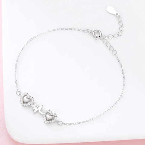 Pulsera de Plata de Ley S925 Con Doble Corazón y Latido del Corazón para Mujer Ajustable Incrustada Con Diamantes de Imitación Joyería