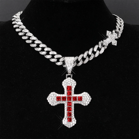Hip Hop Iced Out Kreuz Anhänger Halskette Zinklegierung Strass Cuban Gliederkette Für Herren Damen Streetwear Party Schmuck