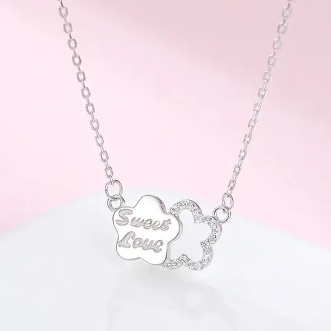 Collar de Plata de Ley 925 con Colgante de Doble Flor para Mujer Sweet Love Grabado Micro Incrustado Diamante de Imitación Joyería Regalo