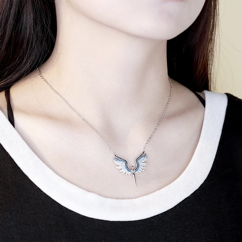 925 Sterling Silver Angel Wings Pendant Necklace Women Ins Style Gradient Rhinestone Minimalist Exquisite Clavicle Chain