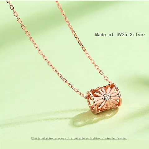 S925 Sterling Silver Daisy Pendant Necklace Women Minimalist Cylinder Hollow Rhinestone Clavicle Chain Jewelry Gift