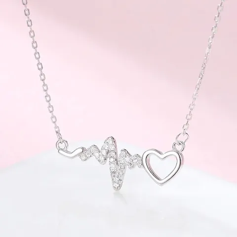 Collar con Colgante de Corazón y Latido de Corazón de Plata de Ley S925 para Mujer Cadena de Clavícula con Línea de ECG con Strass