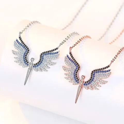 925 Sterling Silver Angel Wings Pendant Necklace Women Ins Style Gradient Rhinestone Minimalist Exquisite Clavicle Chain