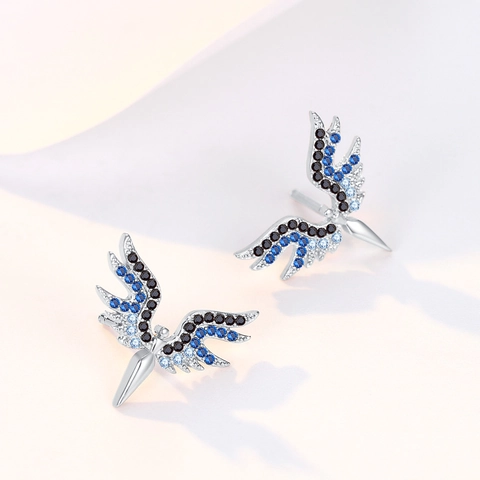 925 Sterling Silver Angel Wing Stud Earrings For Women Rhinestone Inlaid Gradient Color Wings Ear Jewelry Gift For Party Daily