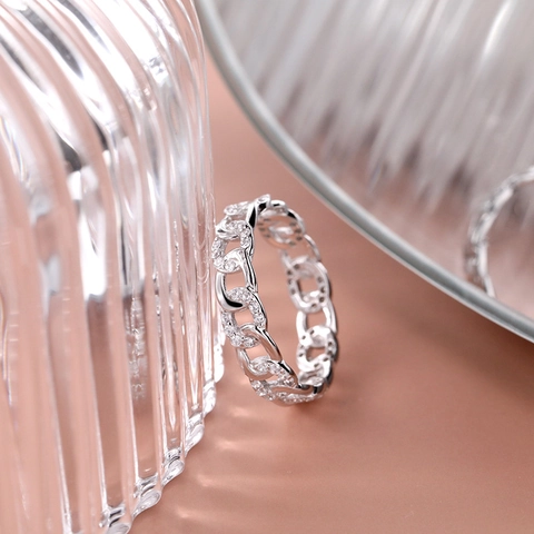 Bague à Maillons de Chaîne Vague en Argent Sterling 925 pour Femmes Bague Géométrique Strass Accessoire de Bijoux de Mode